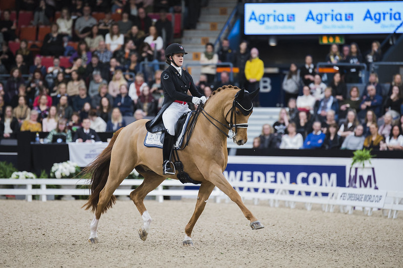 Denmark’s Cathrine Dufour and Atterupgaards Cassidy stole Swedish hearts when winning tonight’s tenth leg of the FEI Dressage World Cup™ 2019/2020 Western European League at the Scandinavium Arena in Gothenburg (SWE). (FEI/Satu Pirinen)