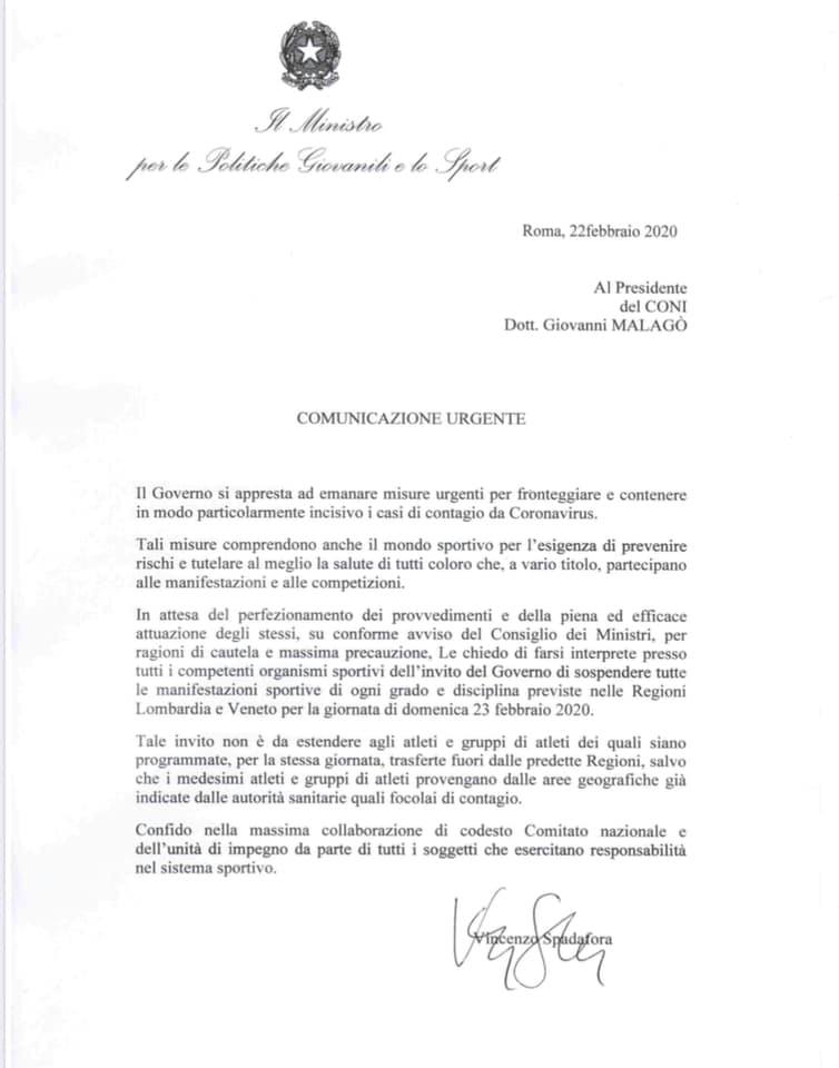 Coronavirus: sospensione delle attività sportive in Lombardia e Veneto - La circolare del Ministero per le Politiche Giovanili e lo Sport