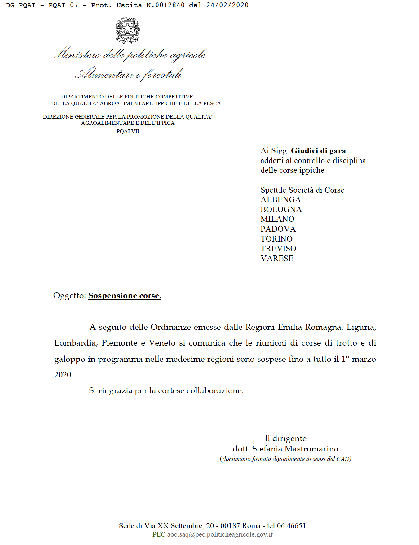 Sospensione corse - ordinanza regionale Lombardia, Piemonte, Liguria, Emilia Romagna, Veneto
