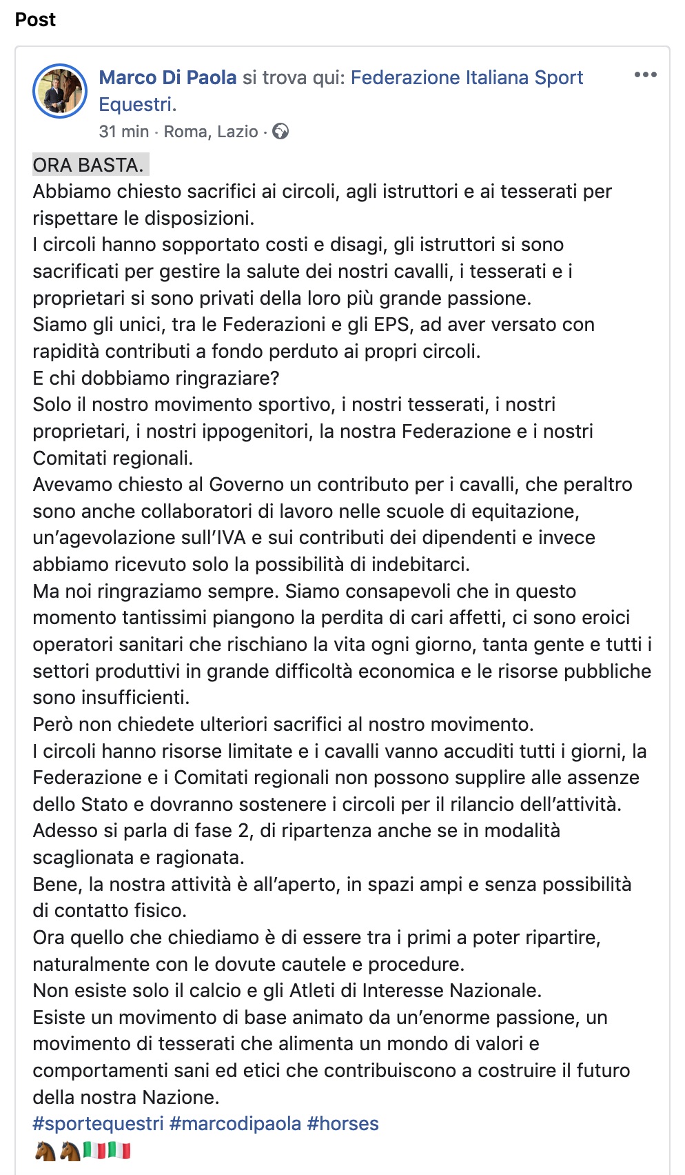 Ora BAsta di Marco Di Paola, Facebook 13 aprile 2020 ore 8:30