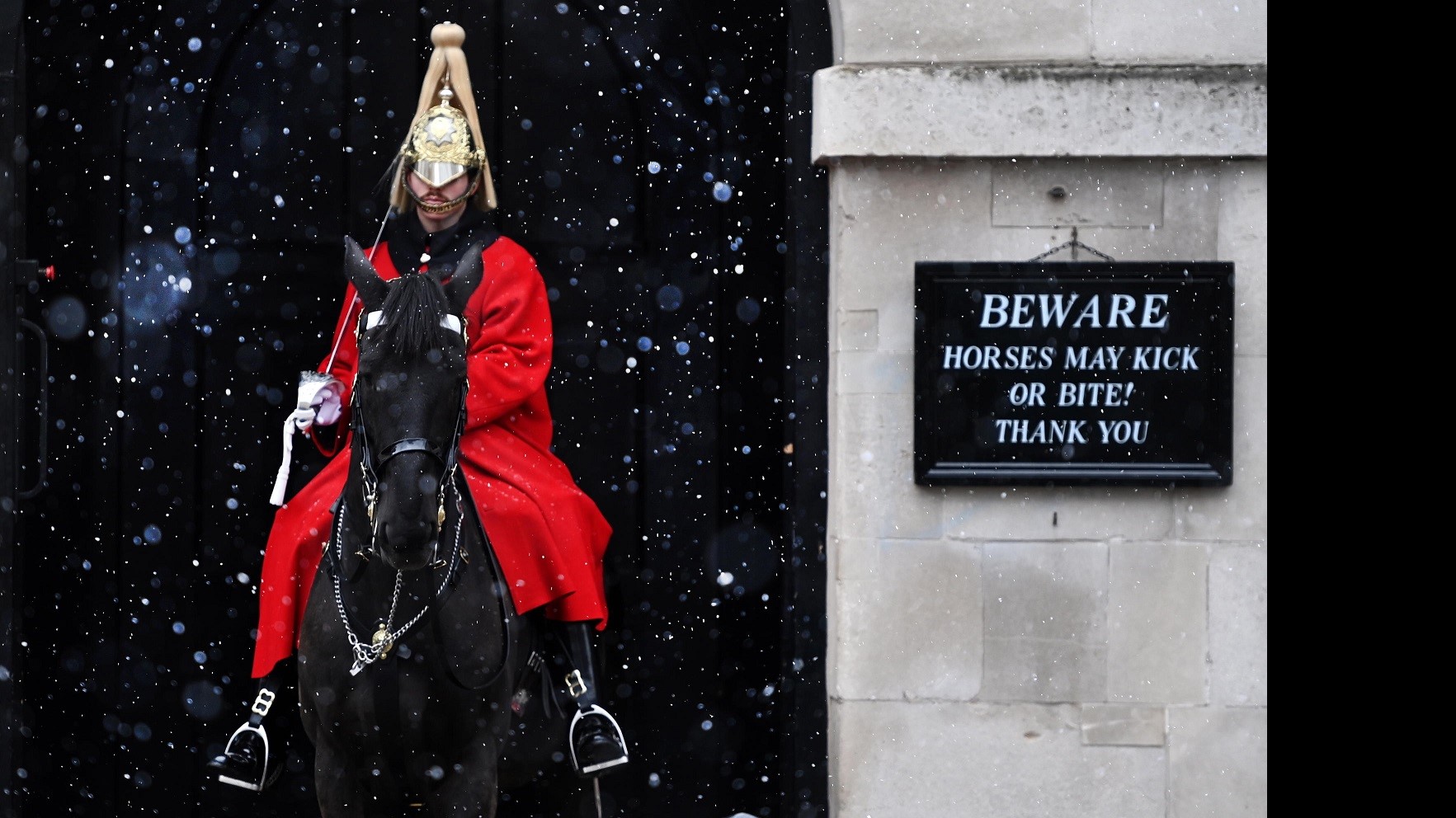 La neve non ferma la guardia della Household Cavalry