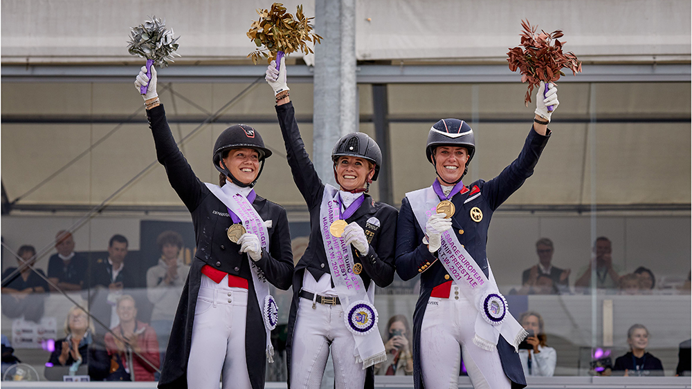 Denmark’s Cathrine Dufour silver Germany’s Jessica von Bredow Werndl gold and Great Britain’s Charlotte Dujardin bronze. FEILiz Gregg