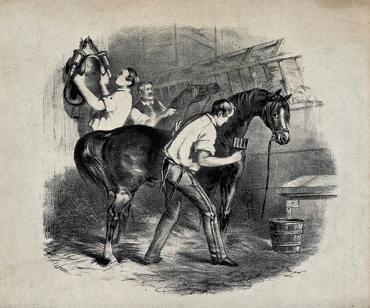 Three grooms taking care of horses and the stable. Wellcome V0021743
