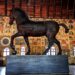 Il cavallo di Legno di Padova: costruito con tanti listelli di legno, è raffigurato mentre cammina al passo con l'anteriore sinistro solelvato e appoggiato su una sfera di legno per la punta dello zoccolo. Sullo sfondo le pareti afrescate suddivise in tanti riquadri, organizzati per fasce di altezza diversa - più alte in basso, sempre piùpiccole verso l'alto