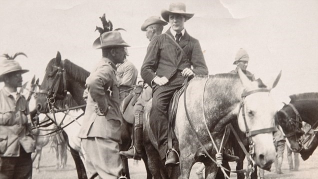Winston Churchill on horseback after his escape from a Boer prison 1899