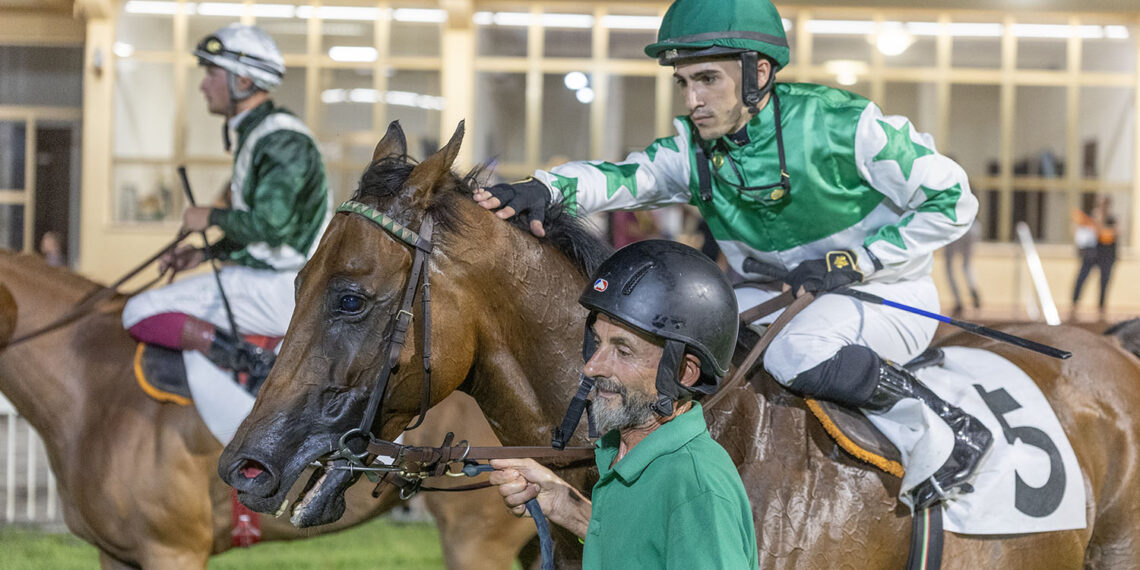 Il fantino Kledi Salvatore Tarascio accarezza Rainmaker, condotto a mano dopo la vittoria all’Ippodromo Caprilli di Livorno