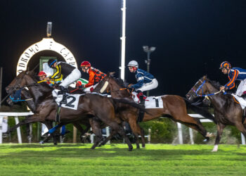 Cavalli e fantini impegnati in una corsa al galoppo in notturna all’Ippodromo Caprilli di Livorno