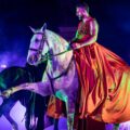 Un cavaliere in costume tipo akama rosso su un cavallo grigio che fa il passo spagnolo, durante uno spettacolo equestre illuminato da luci viola e verdi, e un fumo leggere sullo sfondo