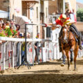 Cavaliere in corsa su un cavallo baio mentre tenta la presa dell’anello nella storica pista di Viale d’Italia durante il Drappo dei Rioni di Tolfa