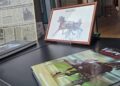 Libri, ritagli di giornale e un’illustrazione esposti nella mostra dedicata al trottatore Varenne nella Residenza Municipale di Copparo