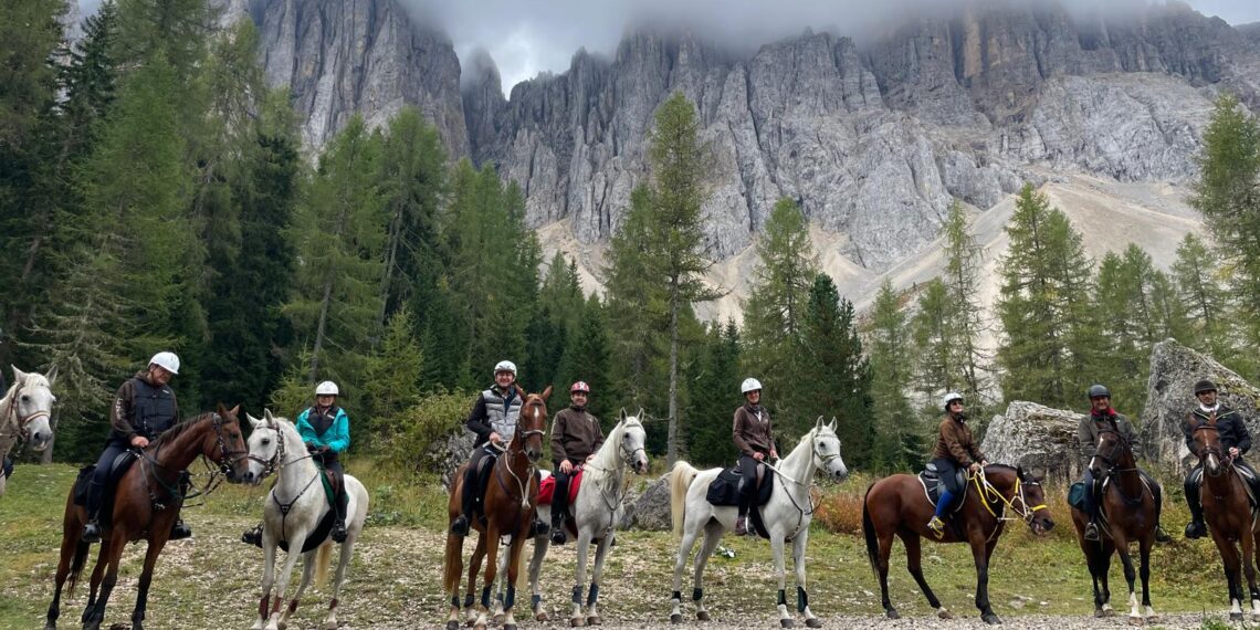 Cavalieri in sella a cavalli grigi e bai, fermi su un prato in quota, con montagne sullo sfondo.