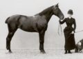 Fotografia storica del 1890 circa: una donna in abito da amazzone ottocentesco, con cappello a bombetta, tiene per le redini un cavallo scuro. Accanto a lei un piccolo barboncino.