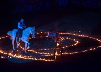 Cavallo bianco montato da un cavaliere durante uno spettacolo equestre notturno, all'interno di un cerchio di fuoco